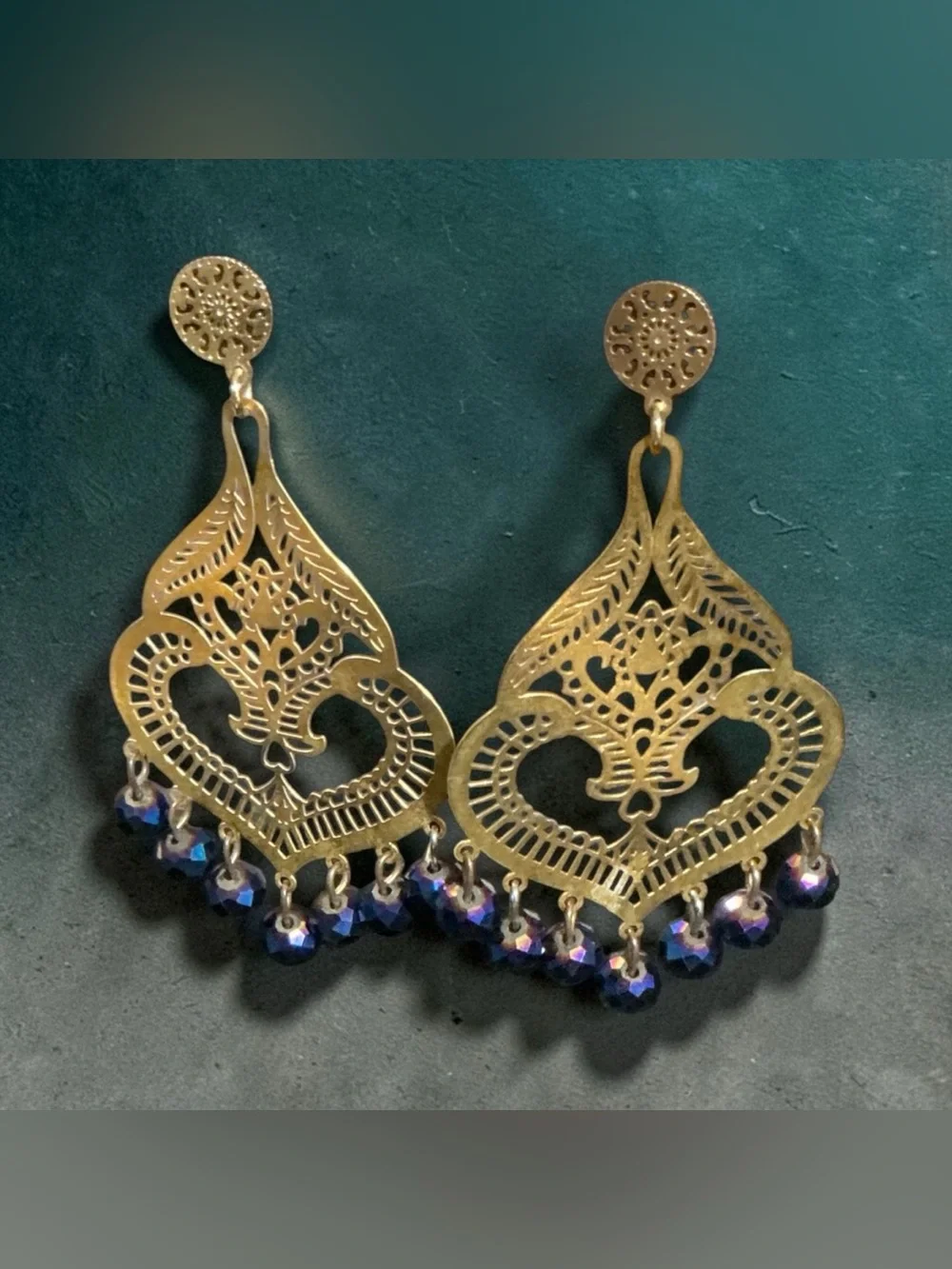 Gold Filigree Drop Earrings with Iridescent Beads